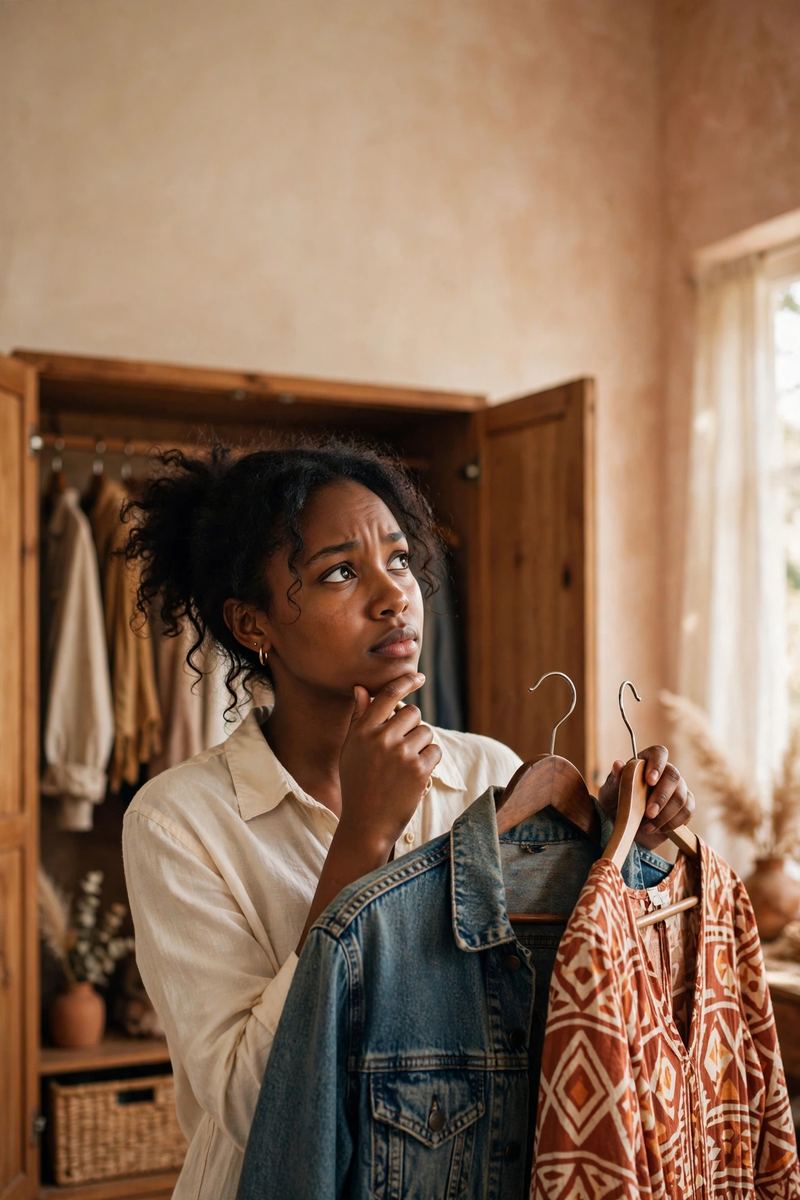 A seller holding up retro clothes, wondering what to do with them
